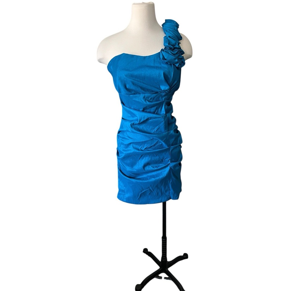 Eureka Y2K One Shoulder Blue Ruched Dress XL Jr. Pleated Prom Party Cocktail